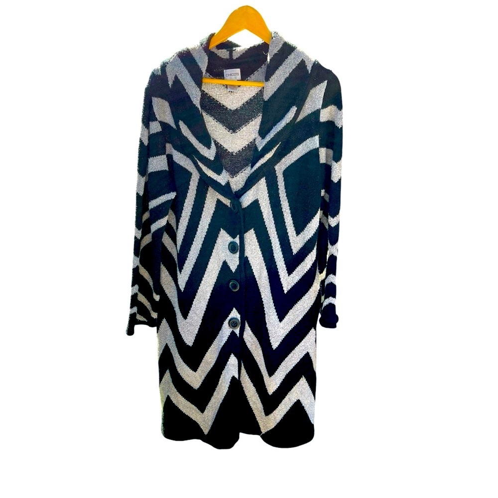 Chicos size Large ( 3) women’s cardigan sweater/black/gray/long sweater
